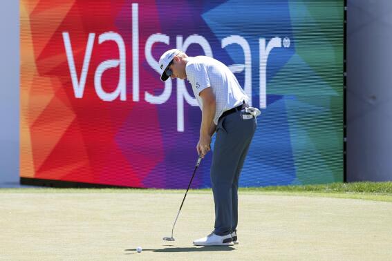 Ryan Brehm makes his final putt on the 18th hole during the first round of the Valspar Championship golf tournament Thursday, March 16, 2023, at Innisbrook in Palm Harbor, Fla. (AP Photo/Mike Carlson)