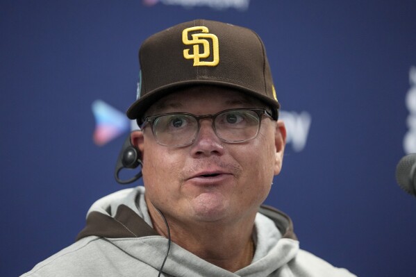 FILE - San Diego Padres manager Mike Shildt attends a news conference ahead of a baseball workout at the Gocheok Sky Dome in Seoul, South Korea on March 16, 2024. Shildt faces the St. Louis Cardinals Monday, April 1, for the first time since he became the San Diego Padres' manager and expressed gratitude to both organizations. (AP Photo/Lee Jin-man, File)