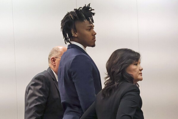 University of Illinois basketball standout Terrence Shannon Jr. appears in court Friday, May 10, 2024, in Lawrence, Kan. A judge ordered him to stand trial on a rape charge. Shannon, 23, of Champaign, Ill., is accused of committing sexual assault on Sept. 9, in Lawrence. (Chris Conde/The Lawrence Journal-World via AP)