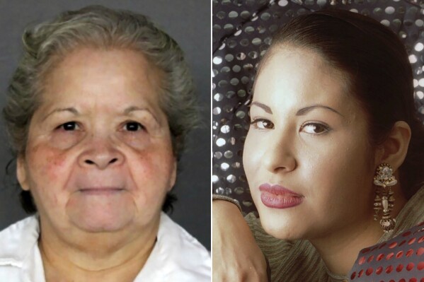 This combination of photos shows Yolanda Saldívar, who is serving a life sentence at the Patrick L. O'Daniel Unit prison in Gatesville, Texas, left, and Tejano music star Selena posing in Corpus Christi, Texas on March 7, 1995. (Texas Department of Criminal Justice via AP, left, and Paul Howell,/Houston Chronicle via AP)