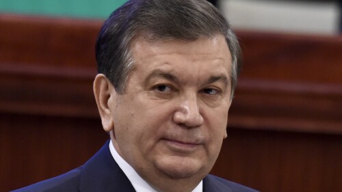 FILE - Uzbek President Shavkat Mirziyoyev speaks during the presidential inauguration ceremony in Tashkent, Uzbekistan, Wednesday, Dec. 14, 2016. Uzbekistan holds a snap presidential election on Sunday, July 9, 2023, a vote that follows a constitutional referendum that extended the incumbent's term from five to seven years. President Shavkat Mirziyoyev was elected in 2021 to a second five-year term, the limit allowed by the constitution. (AP Photo/Anvar Ilyasov, File)
