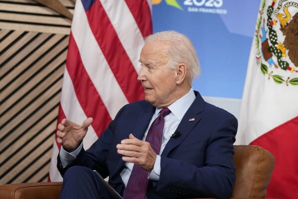 President Joe Biden meets with Mexican President Andres Manuel Lopez Obrador at the APEC summit, Friday, Nov. 17, 2023, in San Francisco. (AP Photo/Evan Vucci)