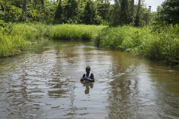 A boy swims in a river near areas affected by oil drilling, in the village of Kinkazi, outside Moanda, Democratic Republic of the Congo, Sunday, Dec. 24, 2023. (AP Photo/Mosa'ab Elshamy)