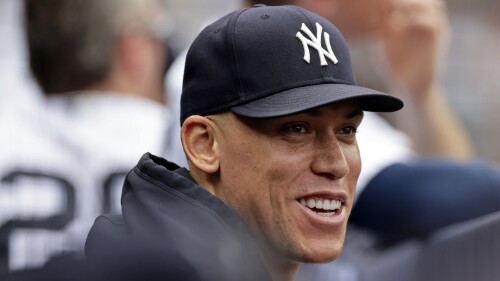 New York Yankees' Aaron Judge watches from the dugout during the third inning of a baseball game against the Chicago Cubs, Saturday, July 8, 2023, in New York. (AP Photo/Adam Hunger)