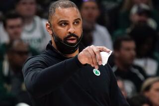 FILE - Boston Celtics head coach Ime Udoka reacts during the first half of Game 6 of an NBA basketball Eastern Conference semifinals playoff series May 13, 2022, in Milwaukee. Udoka has been hired as the new coach of the Houston Rockets, a source familiar with the deal told The Associated Press on Monday, April 24, 2023. The person spoke to the AP on the condition of anonymity because the team had not officially announced the move. (AP Photo/Morry Gash, File)