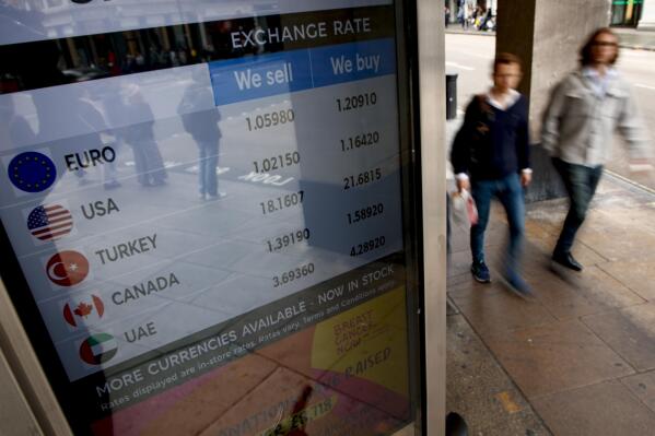 People walk past a currency exchange bureau in London, Monday, Sept. 26, 2022. The pound today slumped to its lowest level against the dollar since 1971, after the Chancellor hinted more tax cuts would follow those he announced last week. The pound dipped as low as $1.0349 per U.S. dollar early Monday but then rebounded to $1.0671, down 2.3%. (AP Photo/David Cliff)