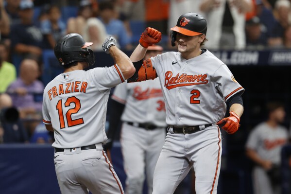 Baltimore Orioles' Gunnar Henderson, right, celebrates with teammate Adam Frazier, left, after hitting a two-run home run against the Tampa Bay Rays during the second inning of a baseball game Sunday, July 23, 2023, in St. Petersburg, Fla. (AP Photo/Scott Audette)
