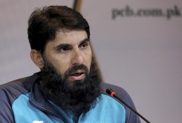 FILE - In this Feb. 1, 2020 file photo, Head Coach of Pakistan Cricket team Misbah-ul-Haq addresses a press conference in Lahore, Pakistan. Haq and Waqar Younis have quit their coaching roles with the Pakistan cricket team on Monday, Sept. 6, 2021, a month before the T20 World Cup in the United Arab Emirates. (AP Photo/K.M. Chaudary, File)