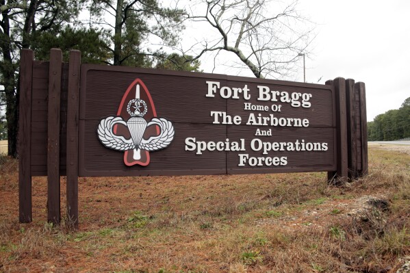 In this Jan. 4, 2020, file photo a sign for Fort Bragg, N.C., is shown. (AP Photo/Chris Seward, File)