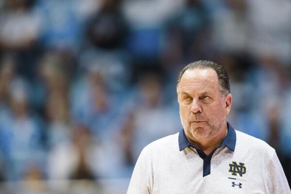 Notre Dame head coach Mike Brey looks on in the second half of an NCAA college basketball game against North Carolina on Saturday, Jan. 7, 2023, in Chapel Hill, N.C. (AP Photo/Jacob Kupferman)