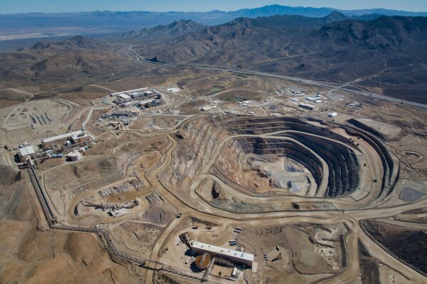 This 2024 photo provided by MP Materials shows an aerial view of the company's mine in Mountain Pass, Calif. (MP Materials via AP)