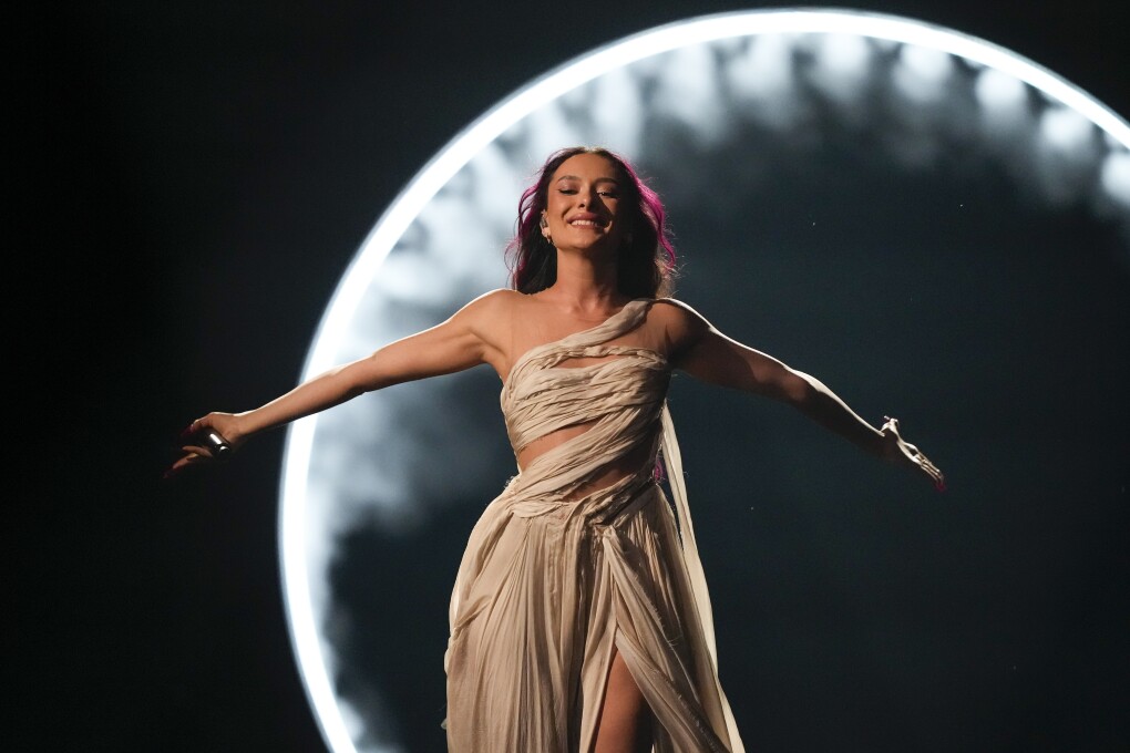 Eden Golan of Israel performs the song Hurricane during the second semi-final at the Eurovision Song Contest in Malmo, Sweden, Thursday, May 9, 2024. (AP Photo/Martin Meissner)