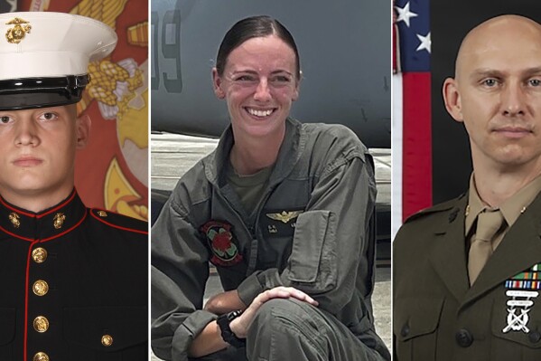 CORRECTS NAME TO LeBeau, NOT Beau - This combination of photos provided by U.S. Marines Corps., shows Marine V-22B Osprey pilot Capt. Eleanor V. LeBeau, center, Cpl. Spencer R. Collart, left, and Maj. Tobin J. Lewis, right. The U.S. Marine Corps has released the names of the three Marines killed in a fiery tiltrotor aircraft crash on a north Australian island this week and said one off their colleagues remained in hospital in a critical condition.(U.S. Marines Corps via AP)