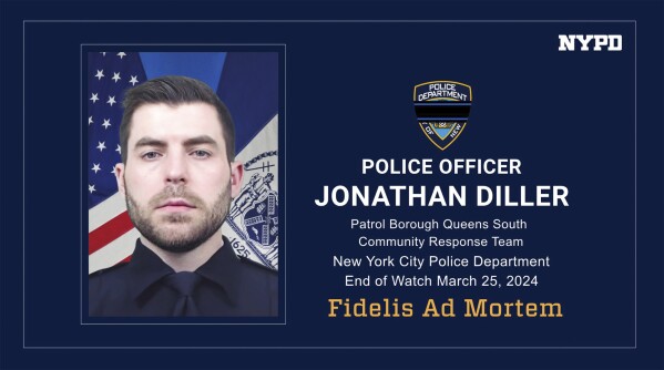 This photo provided by the New York City Police Department shows police officer Jonathan Diller, who was killed in the line of duty on Monday, March 25, 2024, in New York. According to the city's mayor and police, Diller was shot and killed during a traffic stop in the Far Rockaway section of Queens. The officer and his partner were part of the NYPD Critical Response Team. (New York City Police Department via AP)