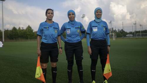 Women referees pose for a portrait after officiating a match in the Morocco's professional women league, in Rabat, Morocco, Sunday, May 21, 2023. (AP Photo/Mosa'ab Elshamy)
