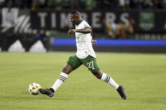 Portland Timbers forward Dairon Asprilla (27) moves the ball during an MLS soccer match against the Colorado Rapids Wednesday, Sept. 15, 2021 in Portland, Ore. (Sean Meagher/The Oregonian via AP)