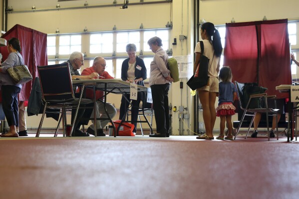 People stand in line to vote inside Brookside Engine Company 1 firehouse, June 7, 2016, in Mendham Township, N.J. (AP Photo/Mel Evans, File)