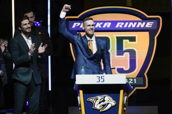 Former Nashville Predators goalie Pekka Rinne speaks during a