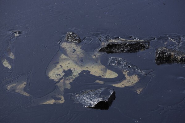 Oil spill is seen along Sentosa's Tanjong Beach area in Singapore, Sunday, June 16, 2024. (AP Photo/Suhaimi Abdullah)