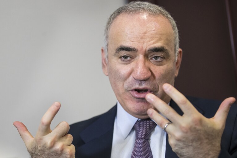 FILE - Prominent Russian opposition figure and chess champion Garry Kasparov speaks in an interview with The Associated Press at the conclusion of the fifth Vilnius Russia Forum at the Esperanza hotel in Trakai district,some 50 kms (31 miles) west of the capital Vilnius, Lithuania, Friday, May 25, 2018. Alexei Navalny was the most well-known Russian opposition leader and his death in a prison colony has dealt it a heavy blow as President Vladimir Putin’s biggest political foe has been silenced forever. There is no anti-war candidate on the ballot to give Putin even a token challenge in next month’s election for a sixth term, and most of the opposition is scattered abroad in exile, or in prison at home. (AP Photo/Mindaugas Kulbis, File)