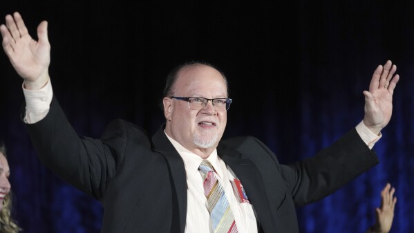 State Sen. Jim Runestad, R-White Lake, reacts during the Michigan Republican Party Convention, Saturday, Feb. 22, 2025, in Detroit. (AP Photo/Paul Sancya)