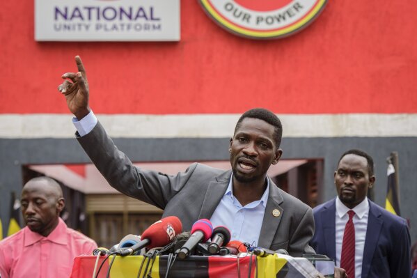 Ugandan opposition figure Bobi Wine, whose real name is Kyagulanyi Ssentamu, speaks at a press conference in Kampala, Uganda Monday, Feb. 22, 2021. Wine says he will withdraw a legal petition that sought to overturn the victory of President Yoweri Museveni in last month's presidential election, charging that Uganda's courts are filled with "yes-men" appointed by Museveni and that he did not expect a fair decision from the panel of nine judges. (AP Photo/Nicholas Bamulanzeki)