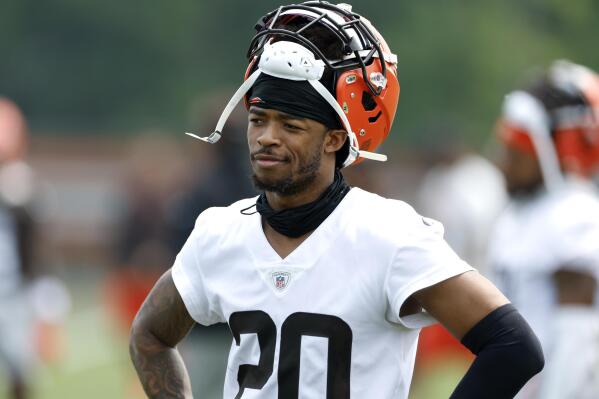 Cleveland Browns cornerback Greg Newsome II watches during a drill at the NFL football team's practice facility Tuesday, June 6, 2023, in Berea, Ohio. (AP Photo/Ron Schwane)