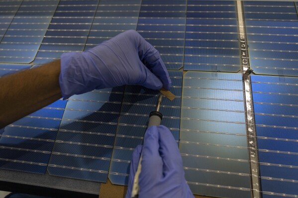 A worker makes arrangements of solar cells at the Adani-owned Mundra Solar Techno-Park Private Limited in the port town of Mundra in Western India's Gujarat state, India, Wednesday, Sept. 20, 2023. It's one of the few locations in India where most solar energy components are made from scratch. (AP Photo/Rafiq Maqbool)