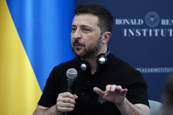 Ukrainian President Volodymyr Zelenskyy speaks at the Ronald Reagan Institute on the sideline of NATO Summit in Washington, Tuesday, July 9, 2024. (AP Photo/Jose Luis Magana)