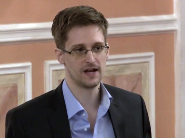 FILE - In this Oct. 11, 2013 file image made from video and released by WikiLeaks, former National Security Agency systems analyst Edward Snowden speaks in Moscow. (AP Photo, File)