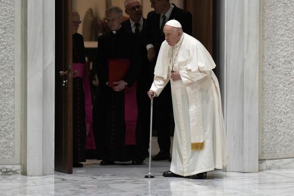 Pope Francis arrives for an audience with the dioceses of Spoleto and Norcia in the Paul VI Hall, at the Vatican, Saturday, May 20, 2023. (AP Photo/Alessandra Tarantino)