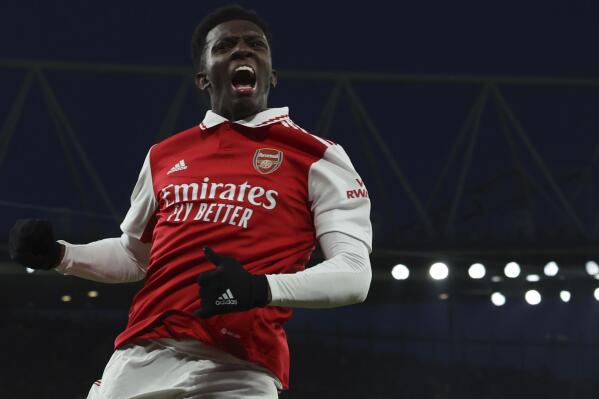 Arsenal's Eddie Nketiah celebrates after scoring his side's opening goal during the English Premier League soccer match between Arsenal and Manchester United at Emirates stadium in London, Sunday, Jan. 22, 2023. (AP Photo/Ian Walton)