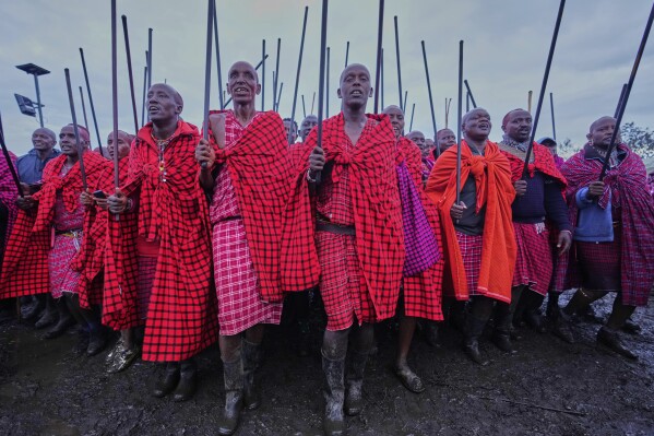 Men from Maasai tribe perform the traditional dance during the Enkipaata ceremony, a Maasai male rite of passage, specifically the initiation of boys, marking the transition from childhood to becoming a moran (warrior) in Olaimutiai, Narok County, Kenya Wednesday, April 23, 2024. (AP Photo/Brian Inganga)