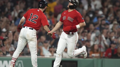 Boston Red Sox's Enrique Hernandez, right, celebrates with Connor Wong (12) after scoring on a single by Rob Refsnyder against the Texas Rangers during the sixth inning of a baseball game Thursday, July 6, 2023, in Boston. (AP Photo/Steven Senne)