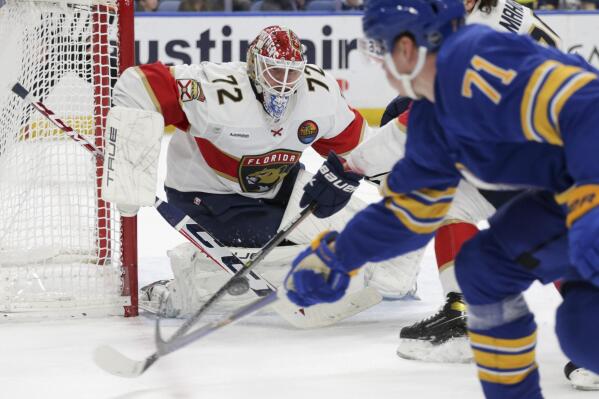 Florida Panthers goaltender Sergei Bobrovsky (72) defends the net during the first period of an NHL hockey game against the Buffalo Sabres on Monday, Jan. 16, 2023, in Buffalo, N.Y. (AP Photo/Joshua Bessex)