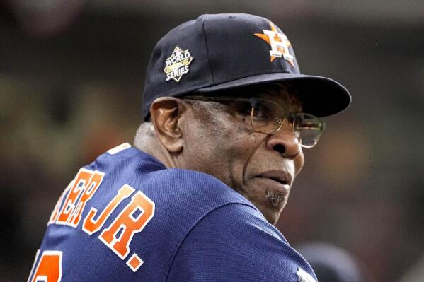 FILE - Houston Astros manager Dusty Baker Jr. watches during the second inning in Game 6 of baseball's World Series between the Houston Astros and the Philadelphia Phillies, in Houston, Nov. 5, 2022. (AP Photo/David J. Phillip, File)