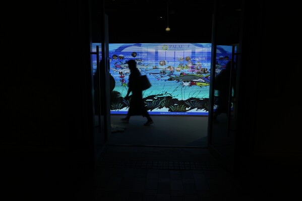 A person walks near a display for Palau at the COP28 U.N. Climate Summit, Dec. 10, 2023, in Dubai, United Arab Emirates. (AP Photo/Peter Dejong)