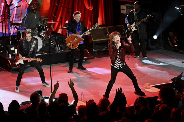 FILE - The Rolling Stones perform at a celebration for the release of their new album, "Hackney Diamonds," Oct. 19, 2023, in New York. On Tuesday, Nov. 21, the legendary English band announced that they're taking 鈥淗ackney Diamonds,鈥� their first album of original material in 18 years, on the road. (Photo by Evan Agostini/Invision/AP, File)