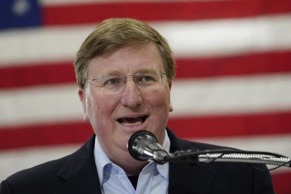 Mississippi Republican Gov. Tate Reeves addresses supporters at a rally at Stribling Equipment in Richland, MS., Wednesday, May 3, 2023. Reeves is seeking reelection. (AP Photo/Rogelio V. Solis)