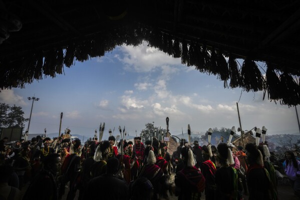 Indigenous Konyak Nagas participate in the Hornbill Festival in Kisama, on the outskirts of Kohima, capital of the northeastern Indian state of Nagaland, Tuesday, Dec. 10, 2024. (AP Photo/Anupam Nath)