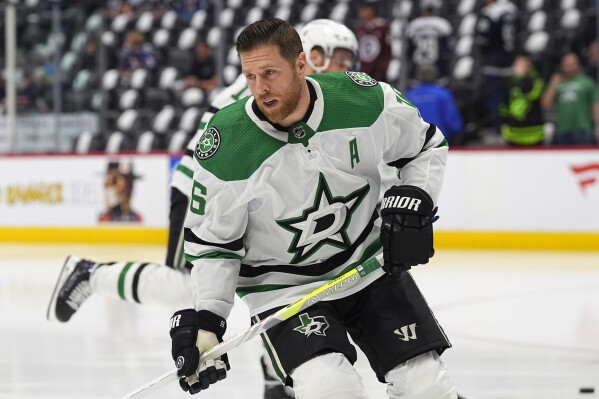 Dallas Stars center Joe Pavelski warms up for Game 6 of the team's NHL hockey playoff series against the Colorado Avalanche on Friday, May 17, 2024, in Denver. (AP Photo/David Zalubowski)