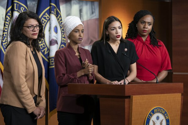 From left, Rep. Rashida Tlaib, D-Mich., Rep. Ilhan Omar, D-Minn., Rep. Alexandria Ocasio-Cortez, D-N.Y., and Rep. Ayanna Pressley, D-Mass., respond to remarks by President Donald Trump after his call for the four Democratic congresswomen to go back to their "broken" countries, during a news conference at the Capitol in Washington, Monday, July 15, 2019. All are American citizens and three of the four were born in the U.S. (AP Photo/J. Scott Applewhite)