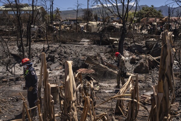 Search and rescue team members work in the area devastated by a wildfire in Lahaina, Hawaii, Thursday, Aug. 17, 2023. The blazes incinerated the historic island community of Lahaina and killed more than 100 people. (AP Photo/Jae C. Hong)