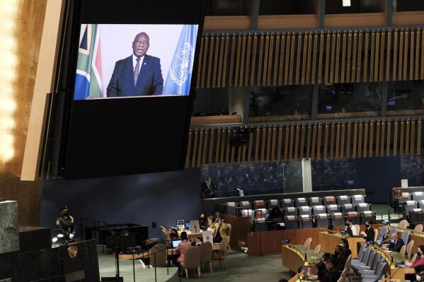 President of South Africa Cyril Ramaphosa speaks via video link during the 76th Session of the U.N. General Assembly at United Nations headquarters in New York, on Thursday, Sept. 23, 2021.  (Spencer Platt/Pool Photo via AP)