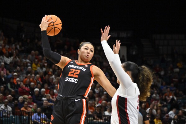 Oregon State guard Talia von Oelhoffen (22) makes a no-look pass against Stanford during the first half of an NCAA college basketball game in the semifinals of the Pac-12 women's tournament Friday, March 8, 2024, in Las Vegas. (AP Photo/David Becker)