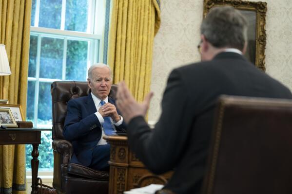 President Joe Biden listens to a question during an interview with the Associated Press in the Oval Office of the White House, Thursday, June 16, 2022, in Washington. (AP Photo/Evan Vucci)