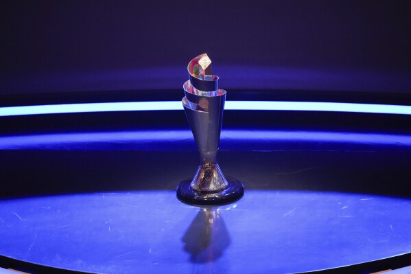The UEFA Nations League soccer tournament trophy is pictured prior to the UEFA Nations League draw, in Paris, France, Thursday, Feb. 8, 2024. (AP Photo/Christophe Ena)