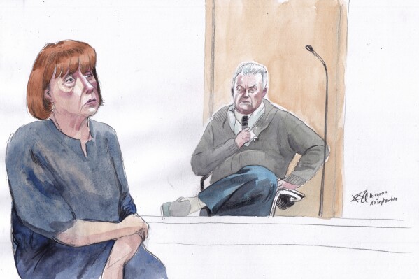 This courtroom sketch by Valentin Pasquier shows Gisèle Pelicot, left, and her ex-husband Dominique Pelicot, right, during his trial at the courthouse in Avignon, southern France, on Sept. 17, 2024. (AP Photo/Valentin Pasquier, File)