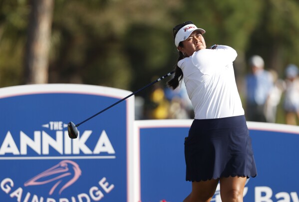 Lilia Vu watches her tee shot on the 18th hole during the final round of an LPGA golf tournament Sunday, Nov. 12, 2023, in Belleair, Fla. (AP Photo/Scott Audette)