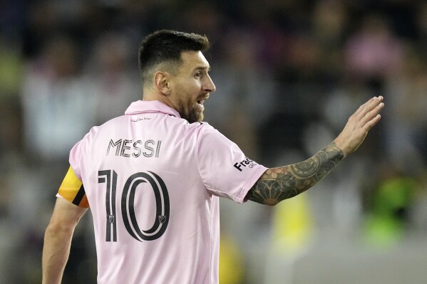 Inter Miami forward Lionel Messi gestures during the second half of a Major League Soccer match against Los Angeles FC Sunday, Sept. 3, 2023, in Los Angeles. (AP Photo/Mark J. Terrill)